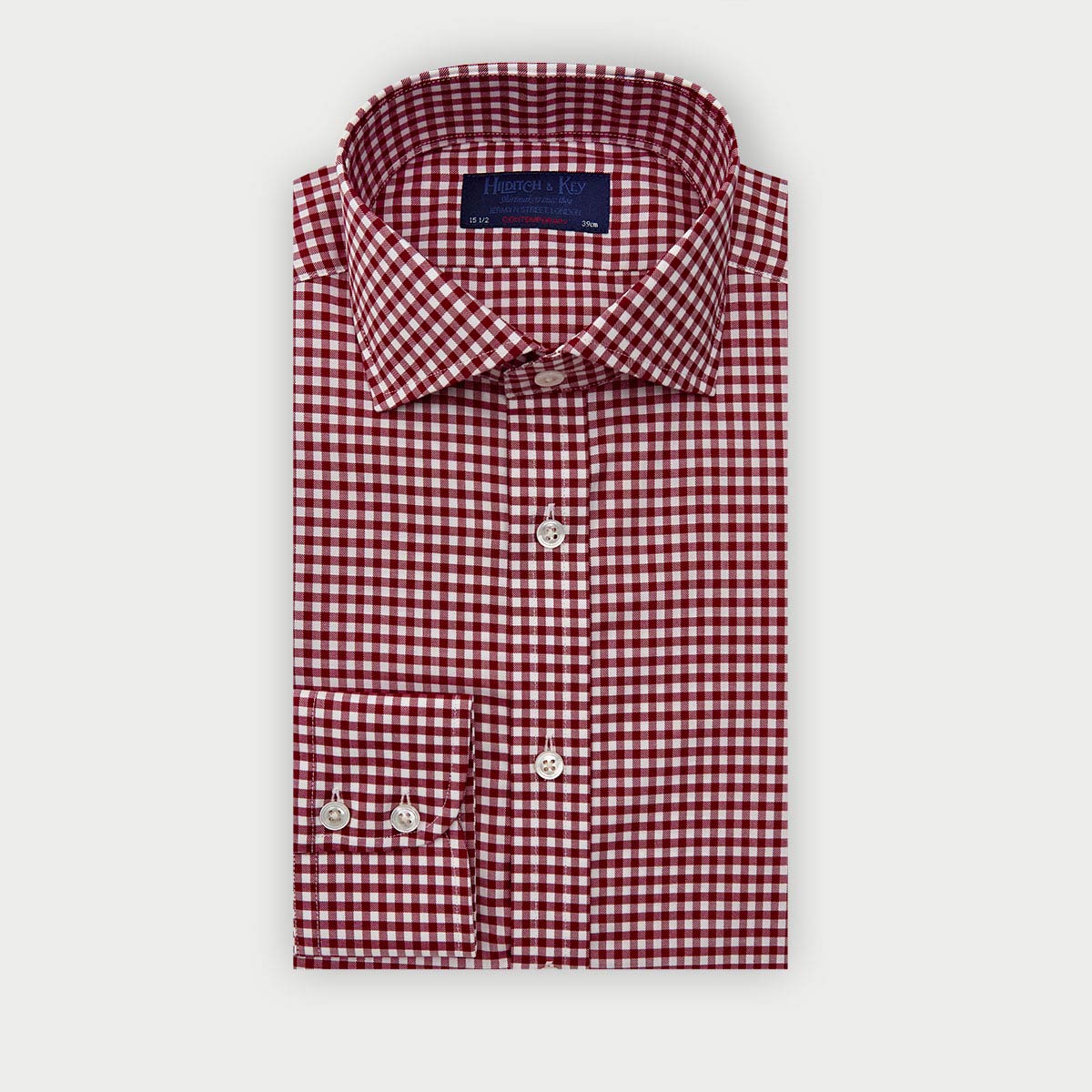 Contemporary Fit Gingham Check Cotton Twill Shirt With Cut Away Collar Two Button Cuff