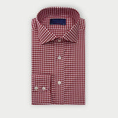 Contemporary Fit Burgundy Gingham Check Cotton Twill Shirt with Cut-Away Collar & Two Button Cuff