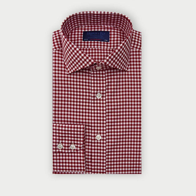 Contemporary Fit Burgundy Gingham Check Cotton Twill Shirt with Cut-Away Collar & Two Button Cuff
