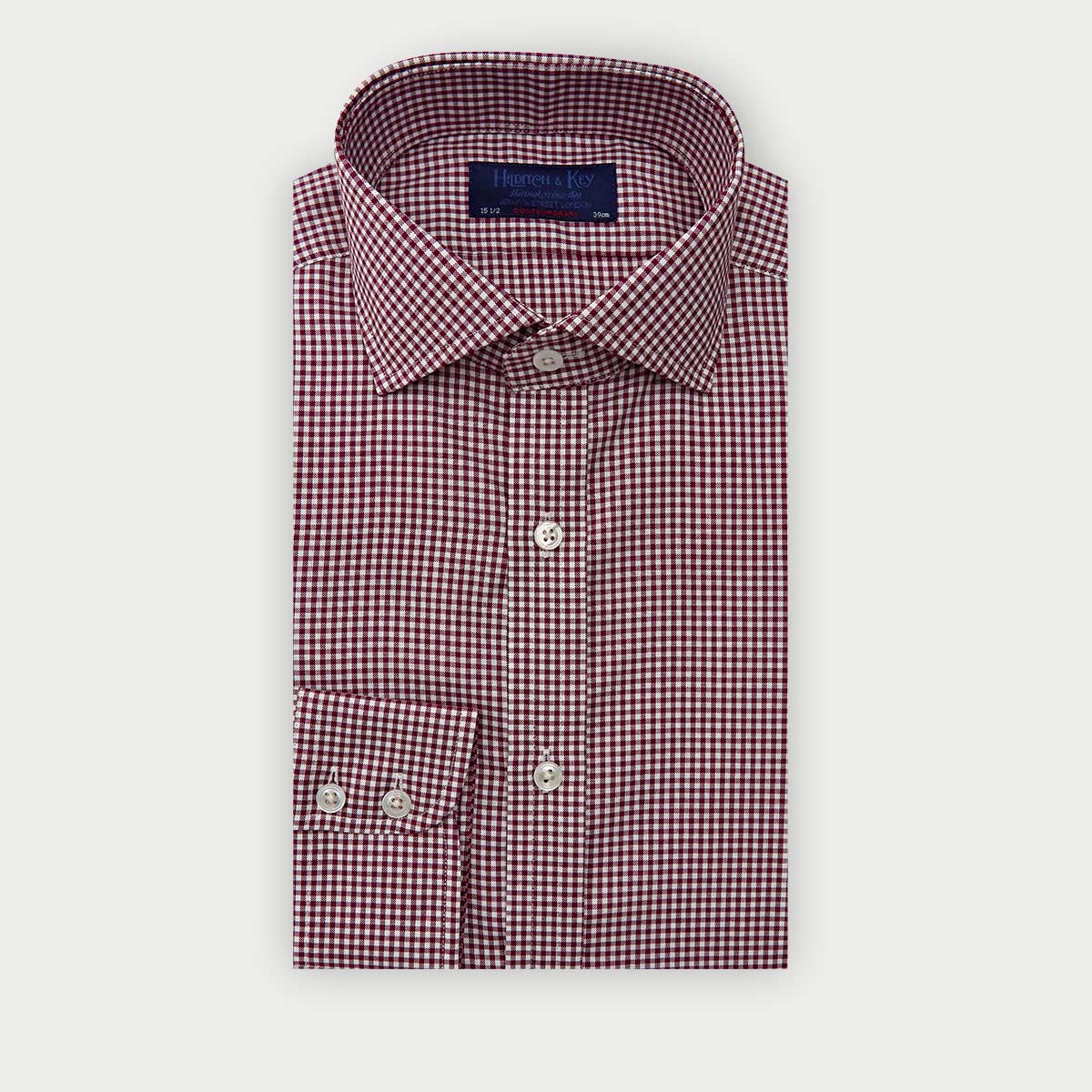 Contemporary Fit Gingham Check Oxford Cotton Shirt With Cut Away Collar Two Button Cuff