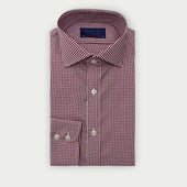 Contemporary Fit Burgundy Gingham Check Oxford Cotton Shirt with Cut-Away Collar & Two Button Cuff
