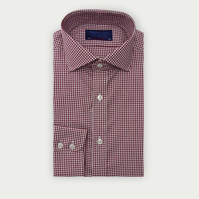 Contemporary Fit Burgundy Gingham Check Oxford Cotton Shirt with Cut-Away Collar & Two Button Cuff