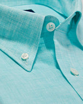 Contemporary Fit Plain Aqua Linen Shirt With Button Down Collar Two Button Cuff