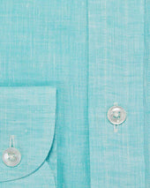 Contemporary Fit Plain Aqua Linen Shirt With Button Down Collar Two Button Cuff