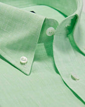 Contemporary Fit Plain Green Linen Shirt With Button Down Collar Two Button Cuff