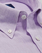 Contemporary Fit Plain Lilac Linen Shirt With Button Down Collar Two Button Cuff