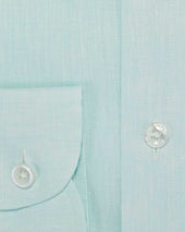 Contemporary Fit Plain Green Linen Shirt With Button Down Collar Two Button Cuff