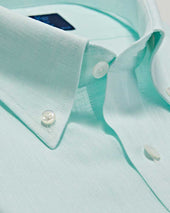 Contemporary Fit Plain Green Linen Shirt With Button Down Collar Two Button Cuff