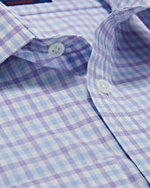 Contemporary Fit Purple Navy Overcheck Cotton Shirt With Classic Collar Double Cuff