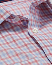 Contemporary Fit Red Navy Overcheck Cotton Shirt With Classic Collar Double Cuff