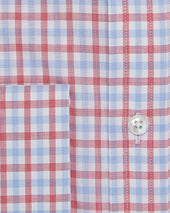 Contemporary Fit Red Navy Overcheck Cotton Shirt With Classic Collar Double Cuff