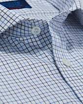 Contemporary Fit Navy Twill Check Cotton Shirt With Cut Away Collar Two Button Cuff