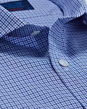 Contemporary Fit Sky Blue Grid Check Cotton Shirt With Cut Away Collar Two Button Cuff