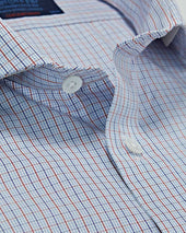 Contemporary Fit Red Navy Grid Check Cotton Shirt With Cut Away Collar Two Button Cuff