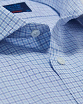 Contemporary Fit Navy Sky Check Cotton Shirt With Cut Away Collar Two Button Cuff