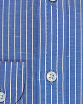 Contemporary Fit Dark Blue Stripe Cotton Linen Blend Shirt With Cut Away Collar Two Button Cuff
