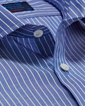 Contemporary Fit Dark Blue Stripe Cotton Linen Blend Shirt With Cut Away Collar Two Button Cuff