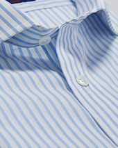 Contemporary Fit Light Grid Stripe Cotton Shirt With Cut Away Collar Two Button Cuff