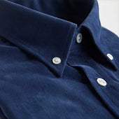 Contemporary Fit Dark Blue Fine Corduroy Shirt With Button Down Collar Two Button Cuff