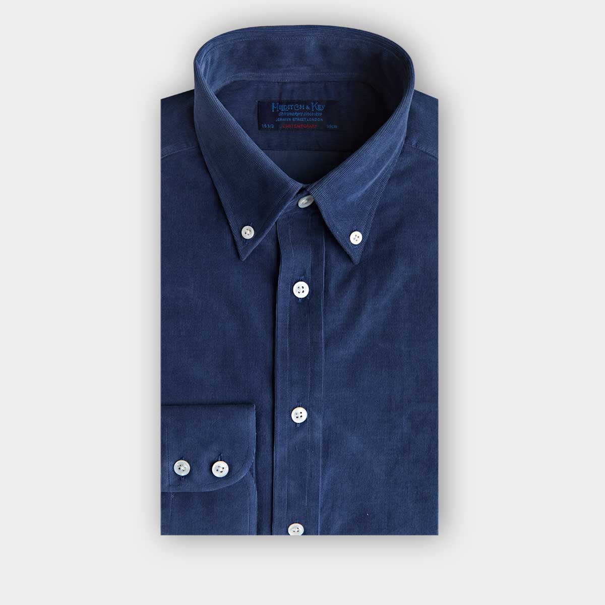 Contemporary Fit Dark Blue Fine Corduroy Shirt With Button Down Collar Two Button Cuff