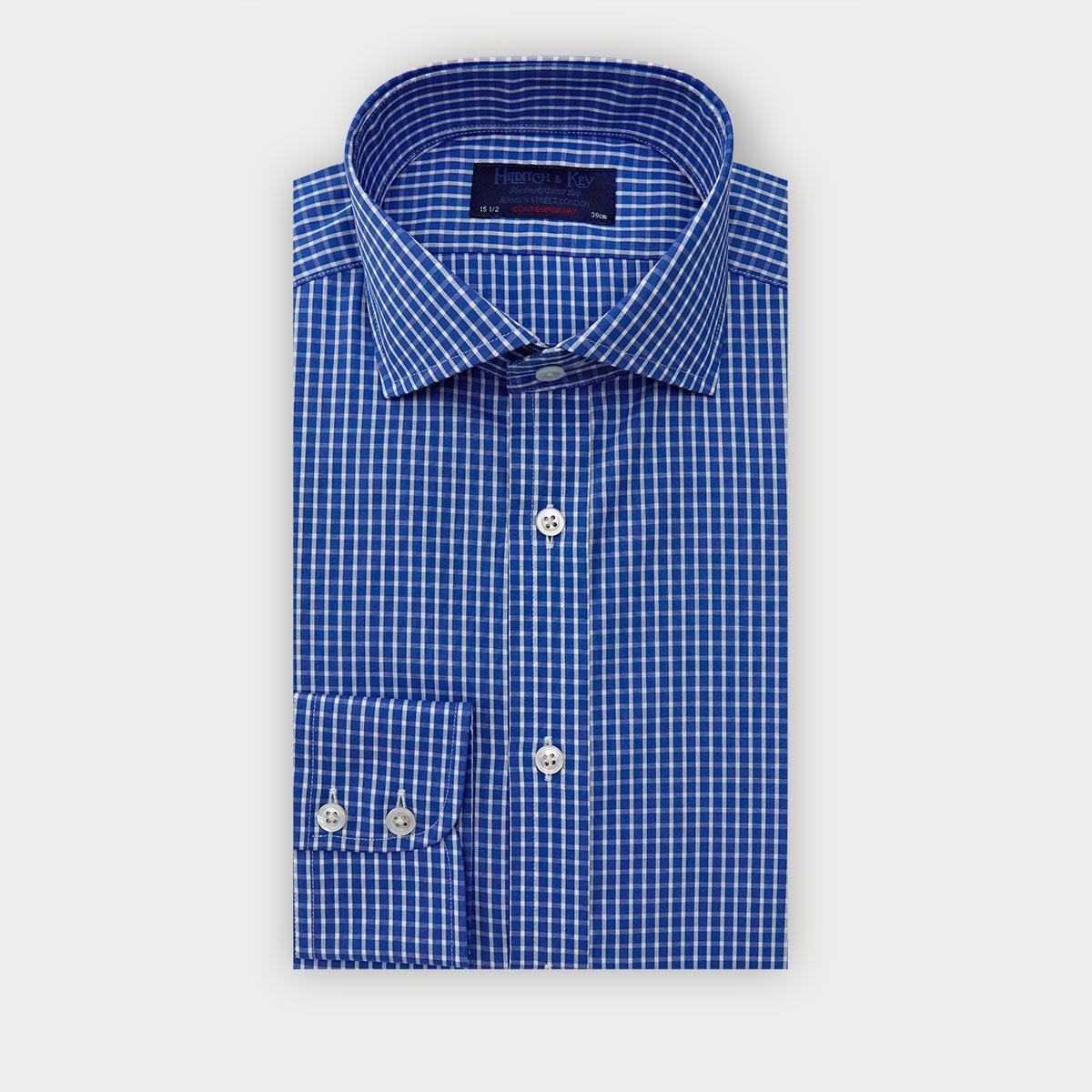 Contemporary Fit Dark Blue Narrow Check Cotton Shirt With Cut Away Collar Two Button Cuff