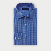 Contemporary Fit Dark Blue Narrow Check Cotton Shirt with Cut-Away Collar & Two Button Cuff