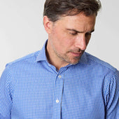 Contemporary Fit Dark Blue Narrow Check Cotton Shirt With Cut Away Collar Two Button Cuff