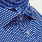 Contemporary Fit Dark Blue Narrow Check Cotton Shirt With Cut Away Collar Two Button Cuff