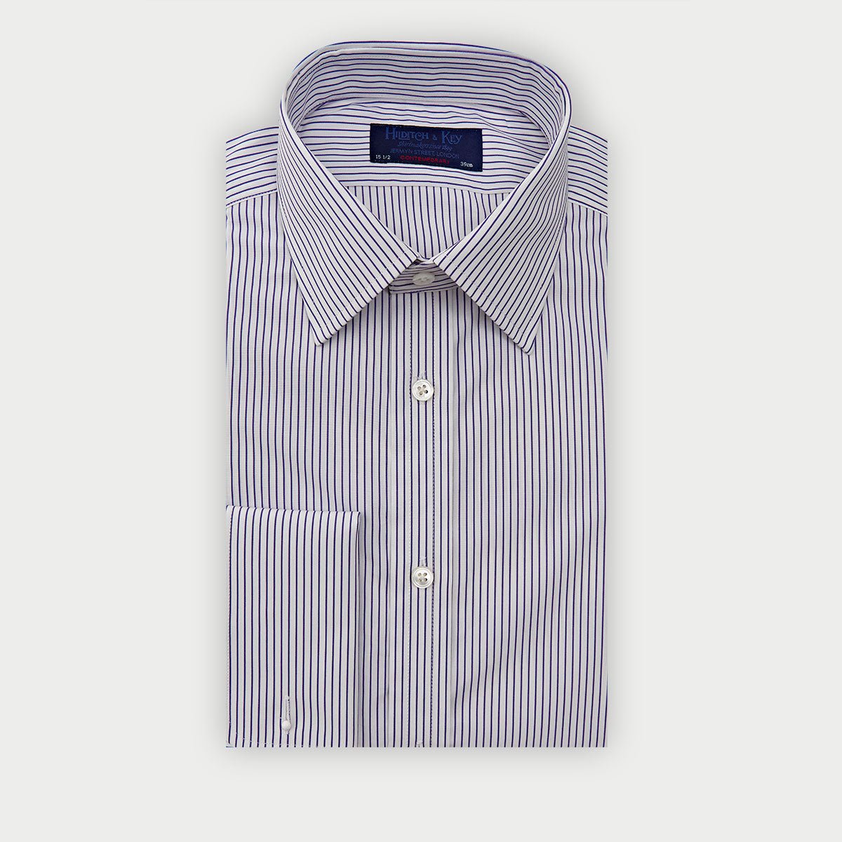 Contemporary Fit Dark Blue Pinstripe Cotton Shirt With Classic Collar Double Cuff