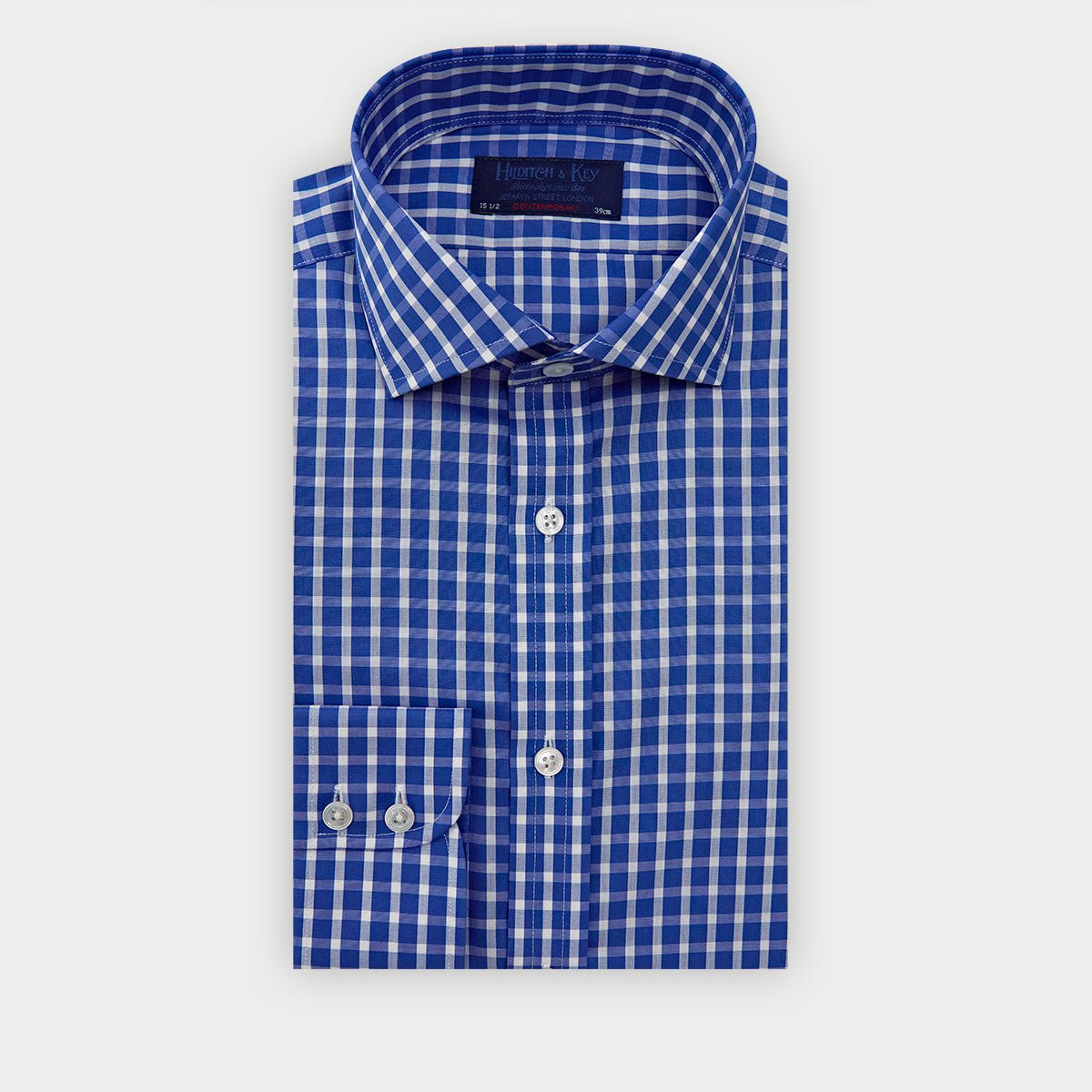 Contemporary Fit Dark Blue White Wide Check Cotton Shirt With Cut Away Collar Two Button Cuff