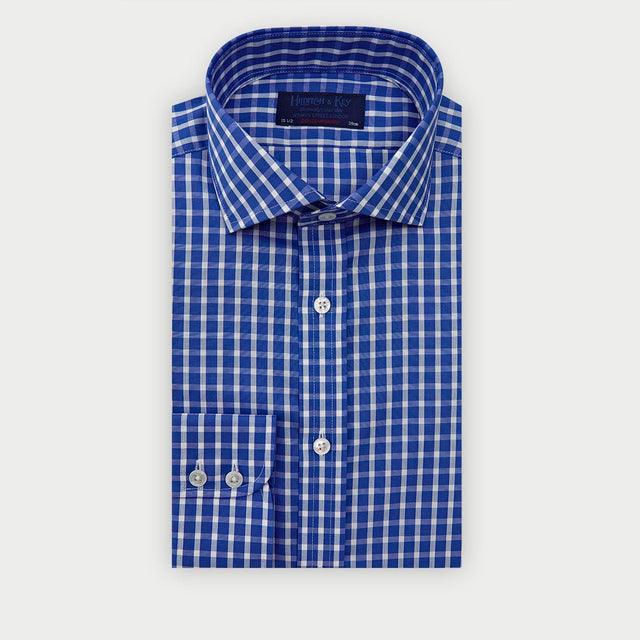 Contemporary Fit Dark Blue & White Wide Check Cotton Shirt with Cut-Away Collar & Two Button Cuff