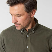 Contemporary Fit Green Fine Corduroy Shirt With Button Down Collar Two Button Cuff