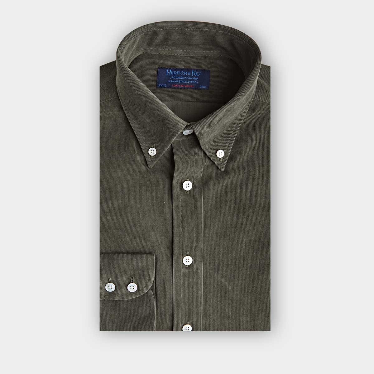 Contemporary Fit Green Fine Corduroy Shirt With Button Down Collar Two Button Cuff