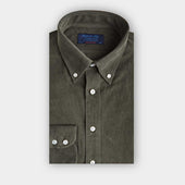 Contemporary Fit Green Fine Corduroy Shirt with Button Down Collar & Two Button Cuff