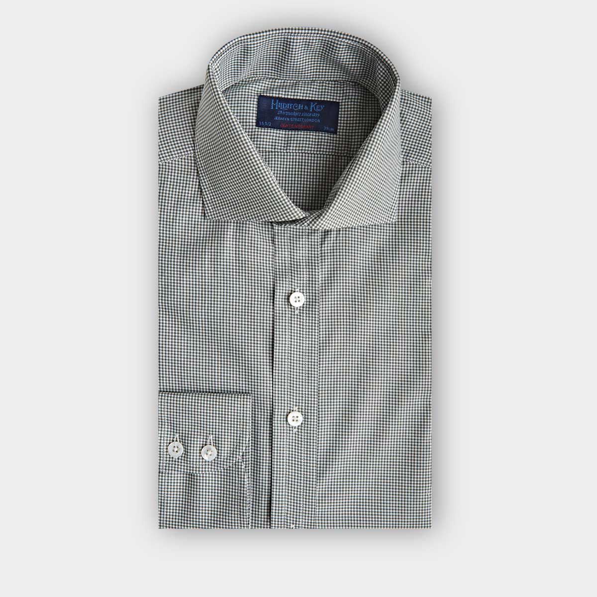 Contemporary Fit Green Micro Check Cotton Shirt With Cut Away Collar Two Button Cuff