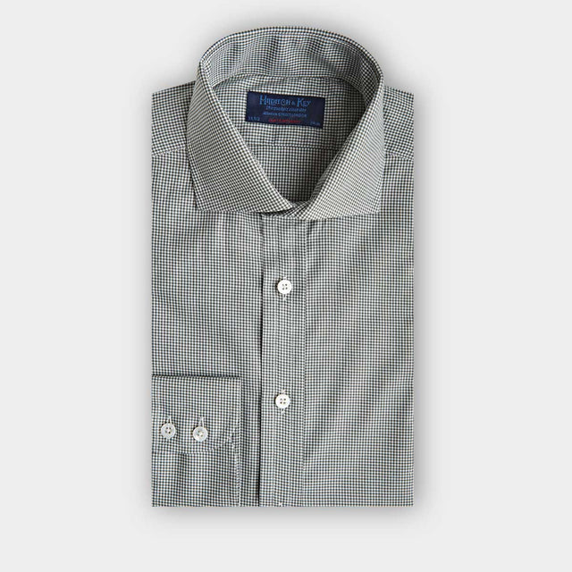 Contemporary Fit Green Micro Check Cotton Shirt with Cut-away Collar & Two Button Cuff