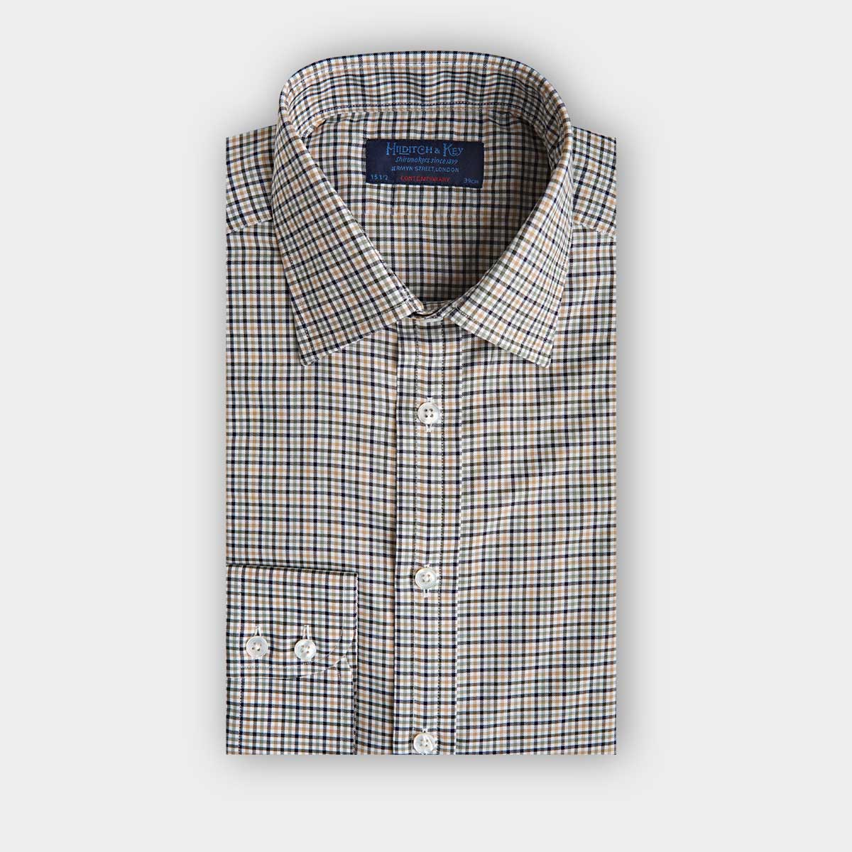 Contemporary Fit Green Multi Check Cotton Twill Shirt With Classic Collar Two Button Cuff