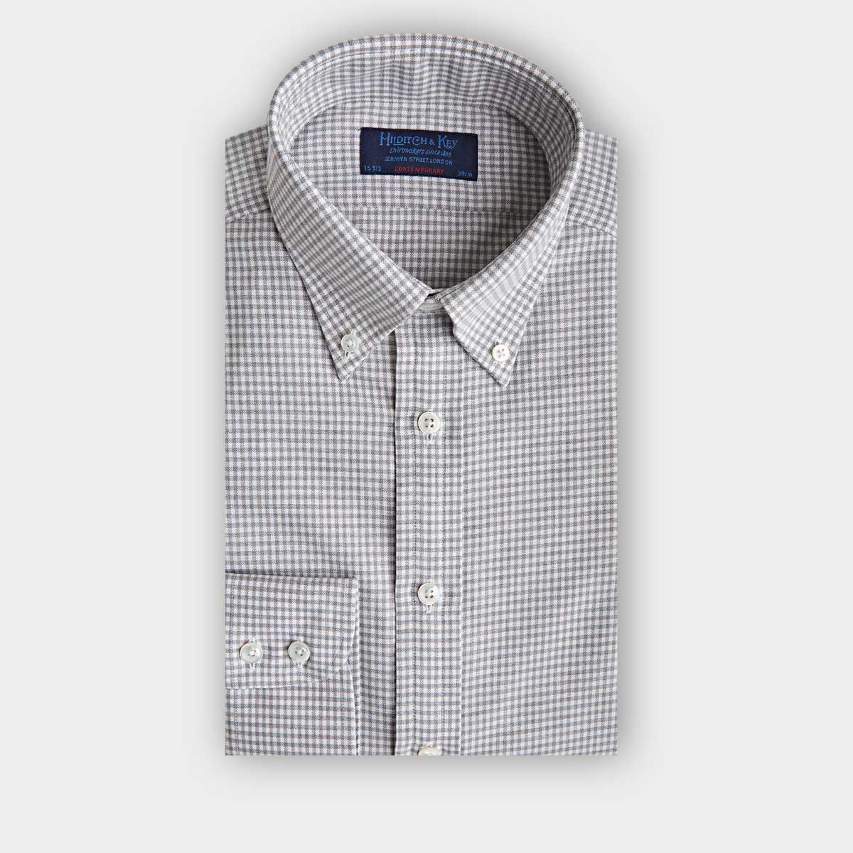 Contemporary Fit Small Gingham Check Cotton Shirt With Button Down Collar Two Button Cuff