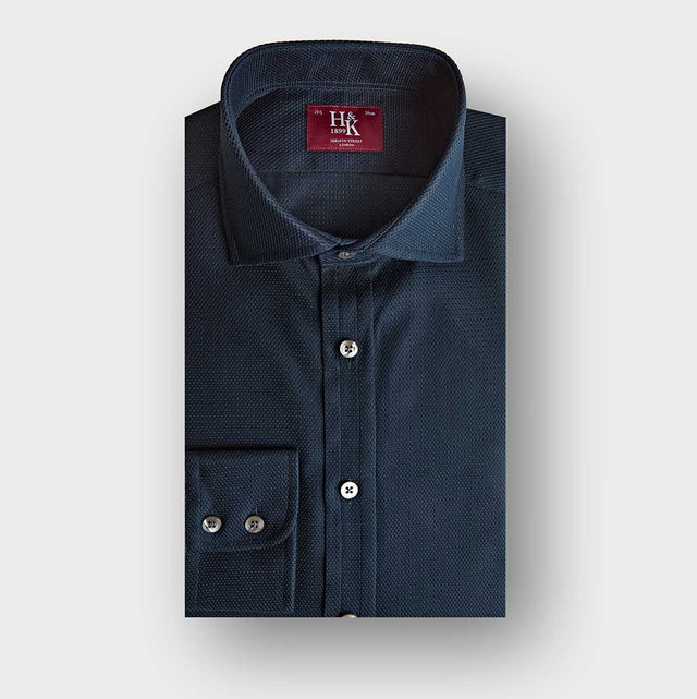 Contemporary Fit Honeycomb Navy Cotton Shirt with Cut-Away Collar & Two Button Cuff
