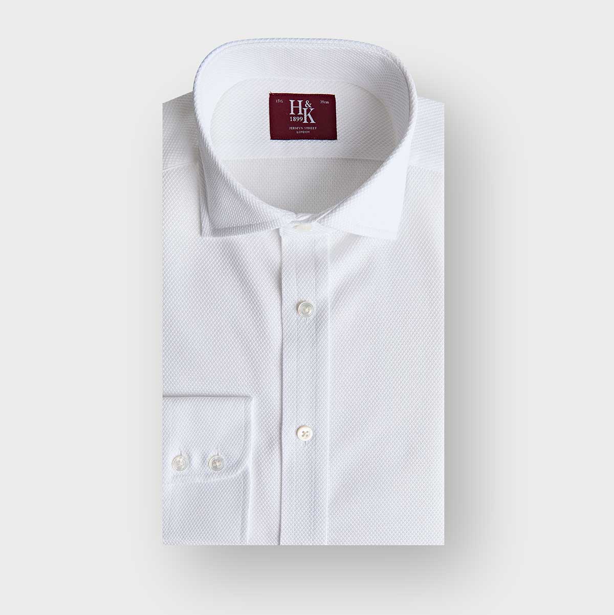 Contemporary Fit Honeycomb White Cotton Shirt With Cut Away Collar Two Button Cuff