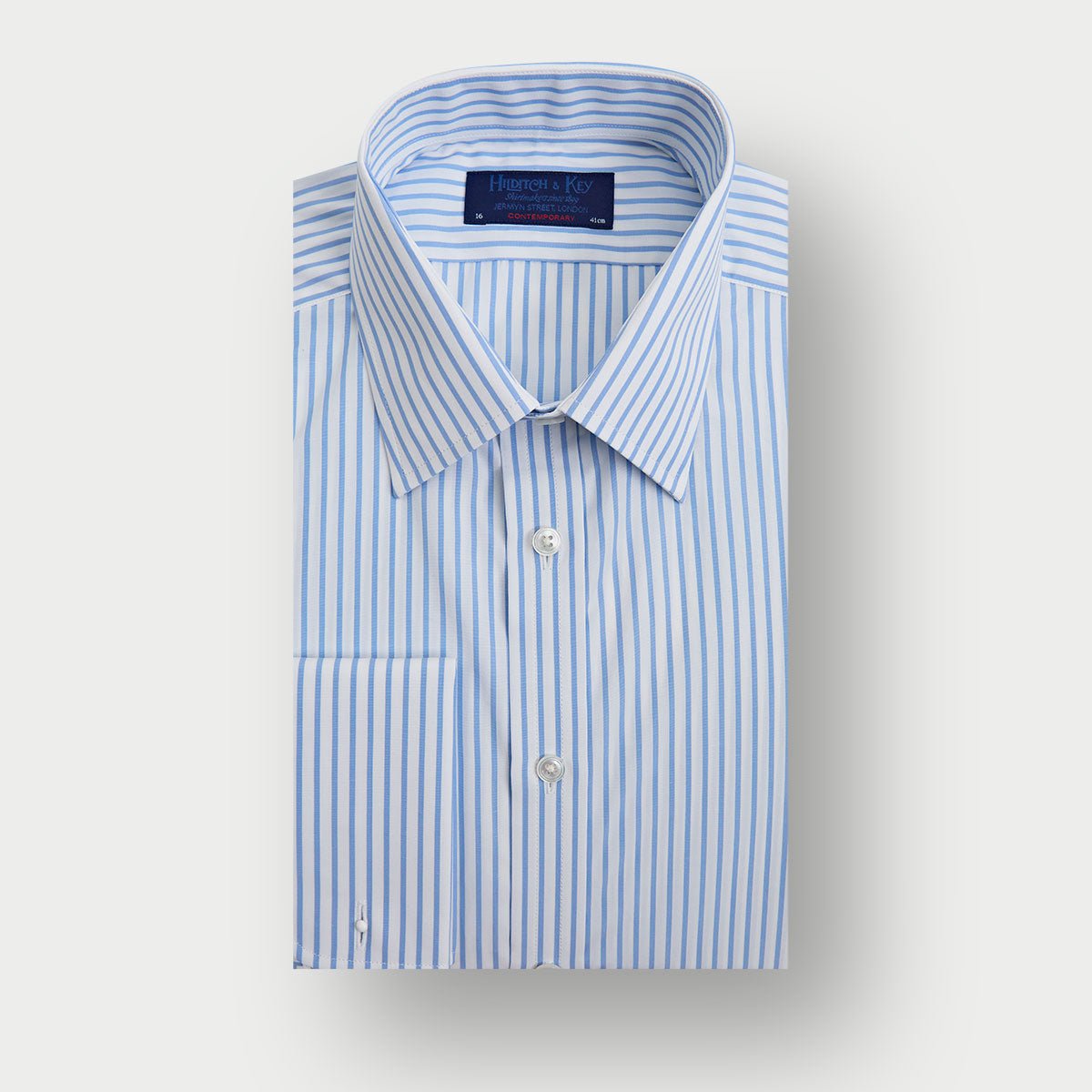 Contemporary Fit Light Bar Stripe Cotton Shirt With Classic Collar Double Cuff