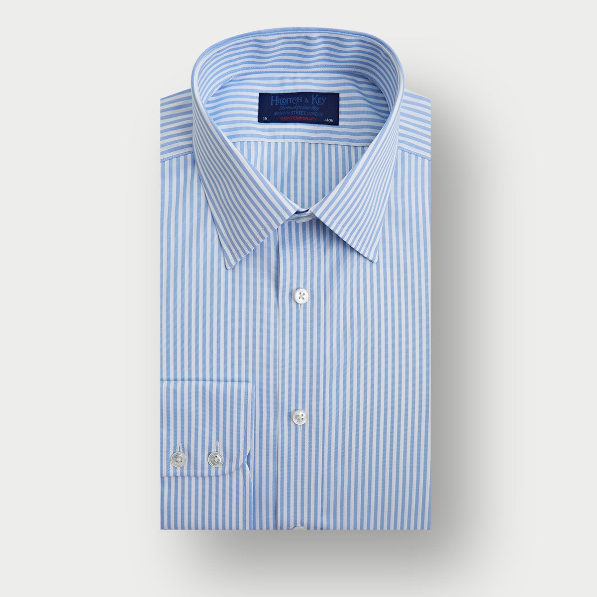 Contemporary Fit Light Bengal Stripe Cotton Shirt With Classic Collar Two Button Cuff