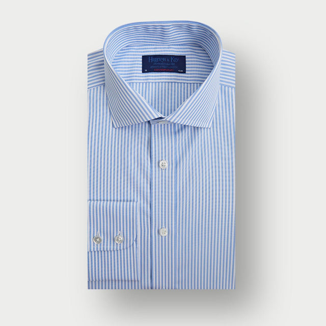 Contemporary Fit Light Blue Bengal Stripe Cotton Shirt with Cut-Away Collar & Two Button Cuff