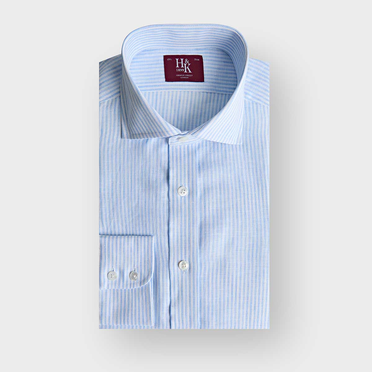 Contemporary Fit Light Bengal Stripe Linen Shirt With Cut Away Collar Two Button Cuff