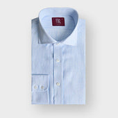 Contemporary Fit Light Blue Bengal Stripe Linen Shirt with Cut-Away Collar & Two Button Cuff