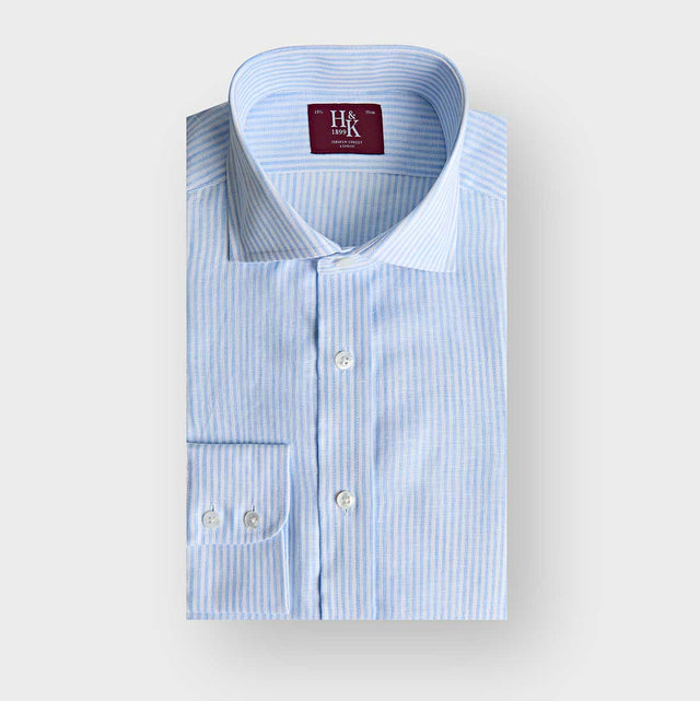 Contemporary Fit Light Blue Bengal Stripe Linen Shirt with Cut-Away Collar & Two Button Cuff