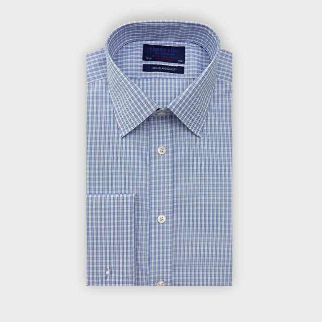 Contemporary Fit Light Blue Double Check Sea Island Quality Cotton Shirt with Classic Collar & Double Cuff