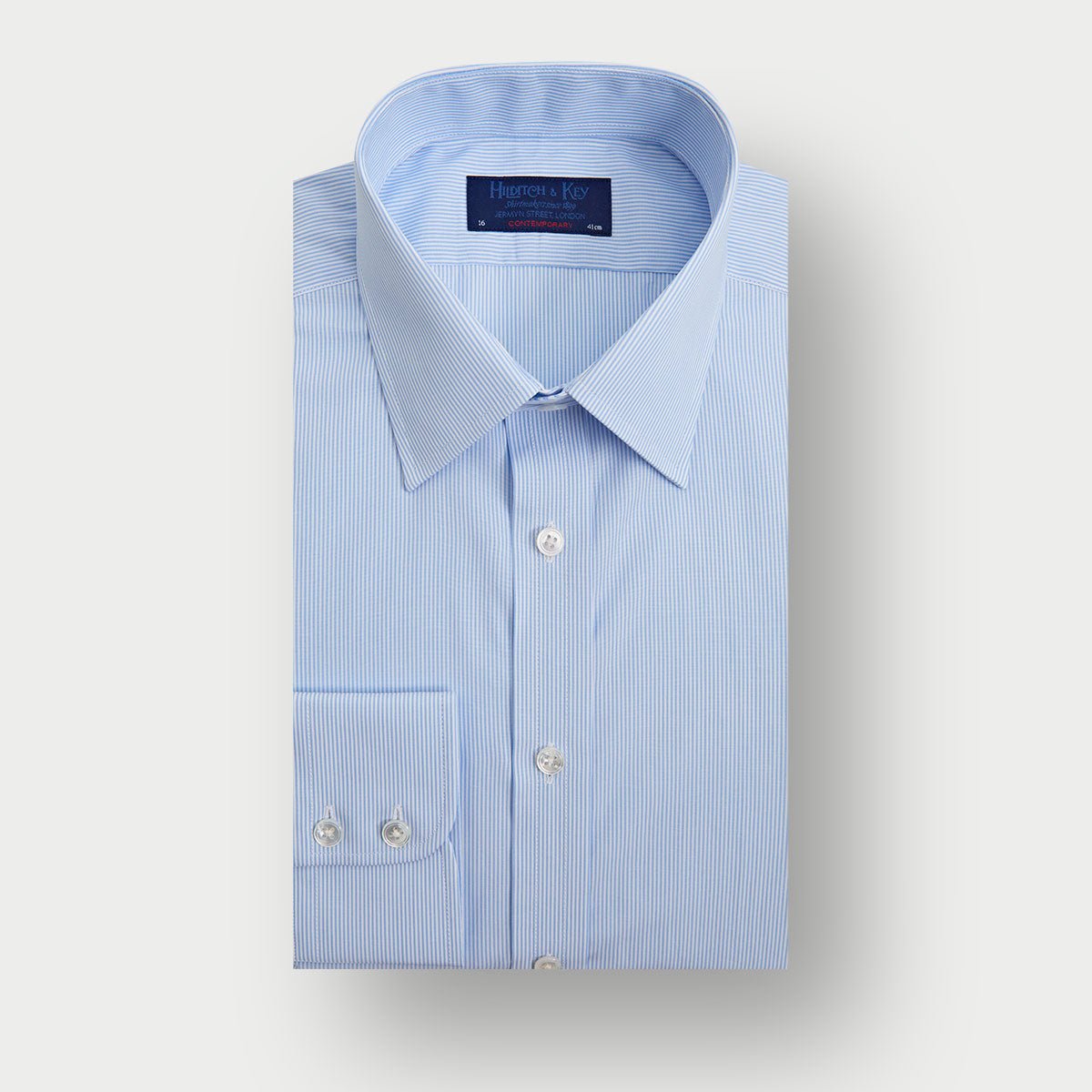 Contemporary Fit Light Fine Bengal Stripe Cotton Shirt With Classic Collar Two Button Cuff