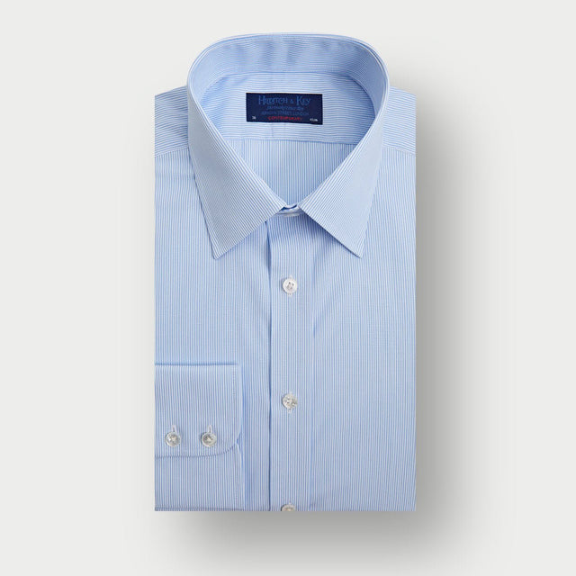 Contemporary Fit Light Blue Fine Bengal Stripe Cotton Shirt with Classic Collar & Two Button Cuff