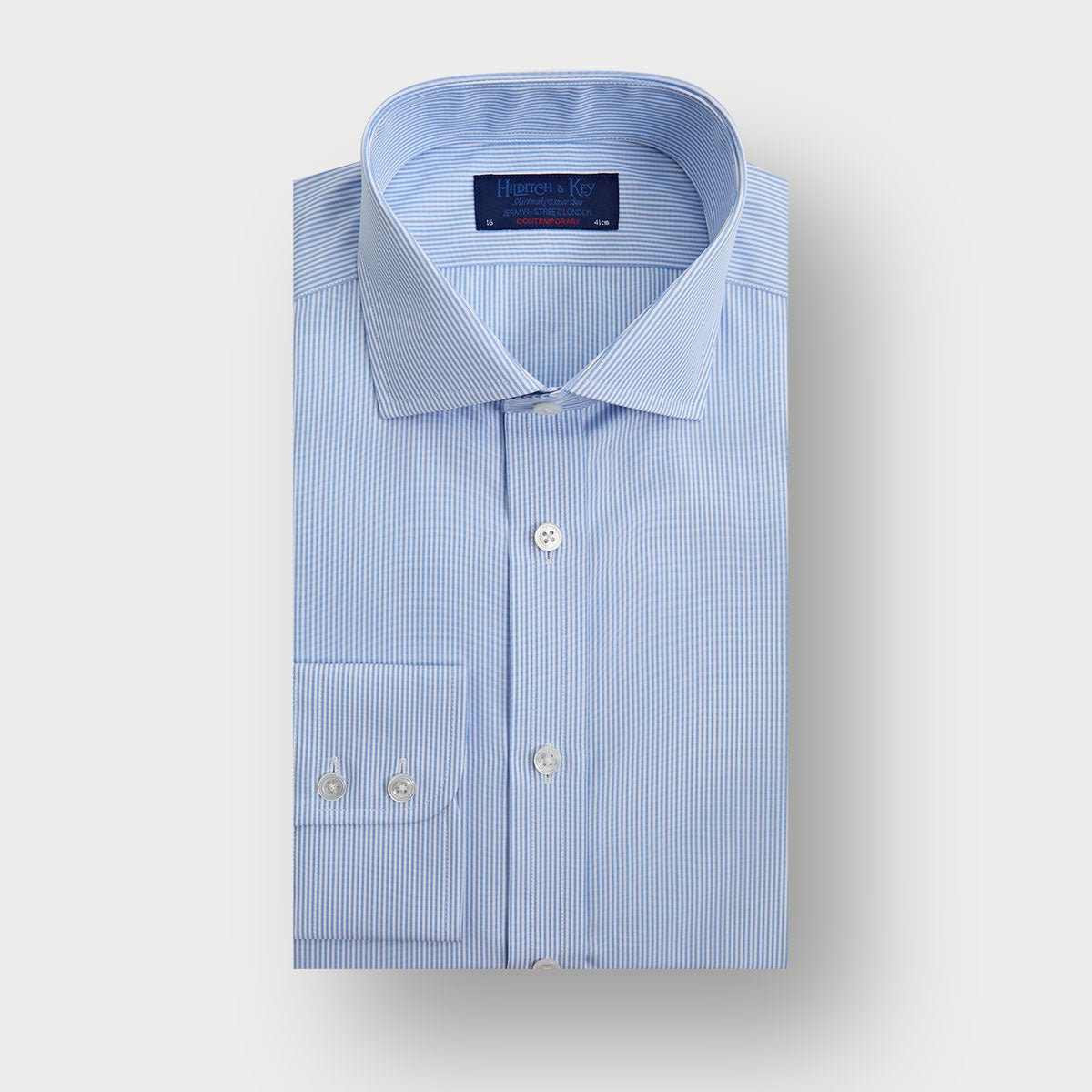 Contemporary Fit Light Fine Bengal Stripe Cotton Shirt With Cut Away Collar Two Button Cuff